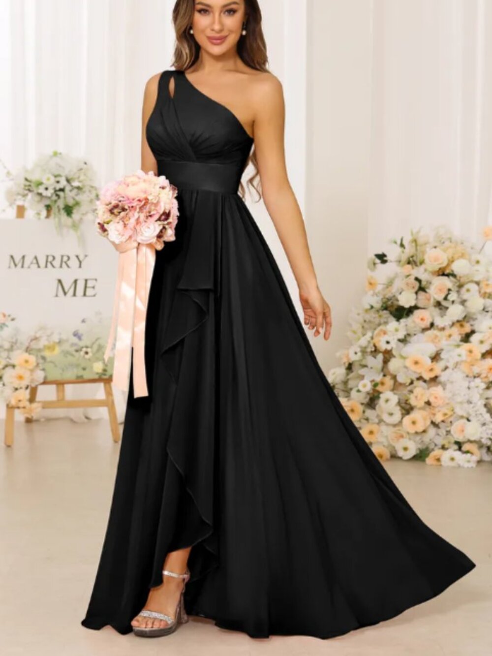 BRAND NEW - Black One-Shoulder Long Bridesmaid Dresses With Split Side - Size 14